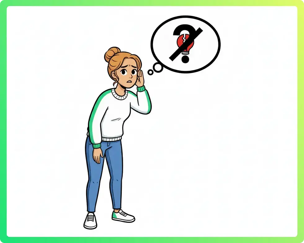 Nachdenkliche Frau mit blondem Dutt in weißem Pullover berührt Kopf, Gedankenblase zeigt durchgestrichene Glühbirne