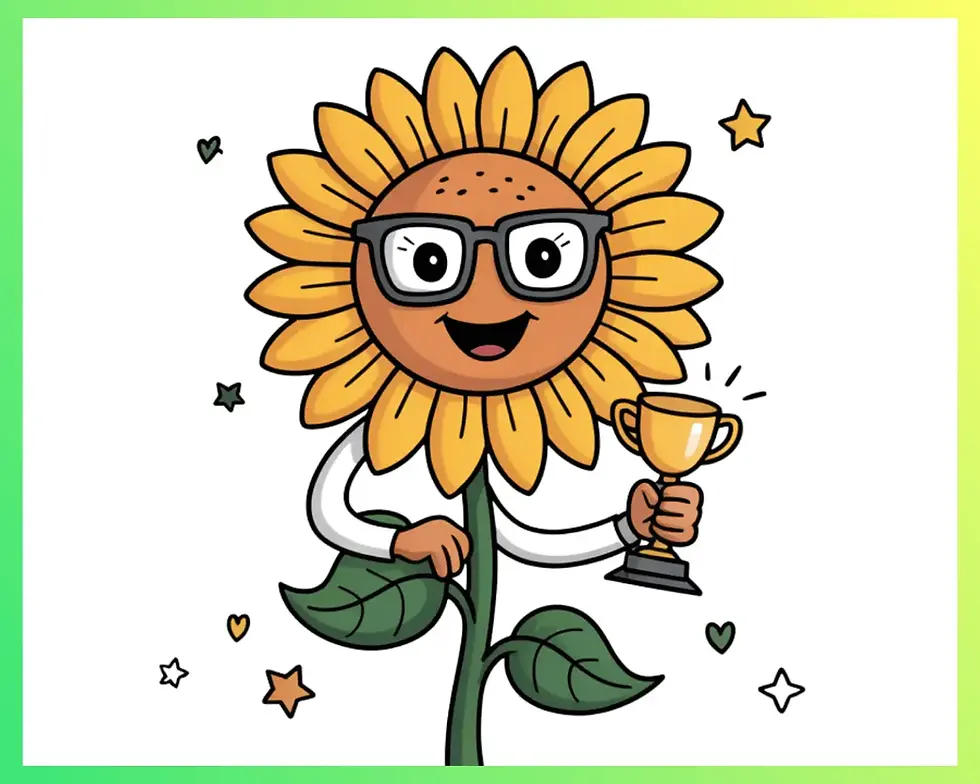 Smiling sunflower with glasses holds a trophy, surrounded by stars and hearts. Green stem and leaves, white background with a green border.