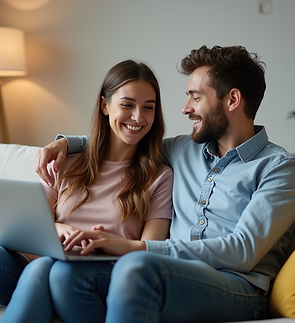 A-couple-is-sitting-on-a-couch-smiling-each-other-during-online-therapy-environmental-cont