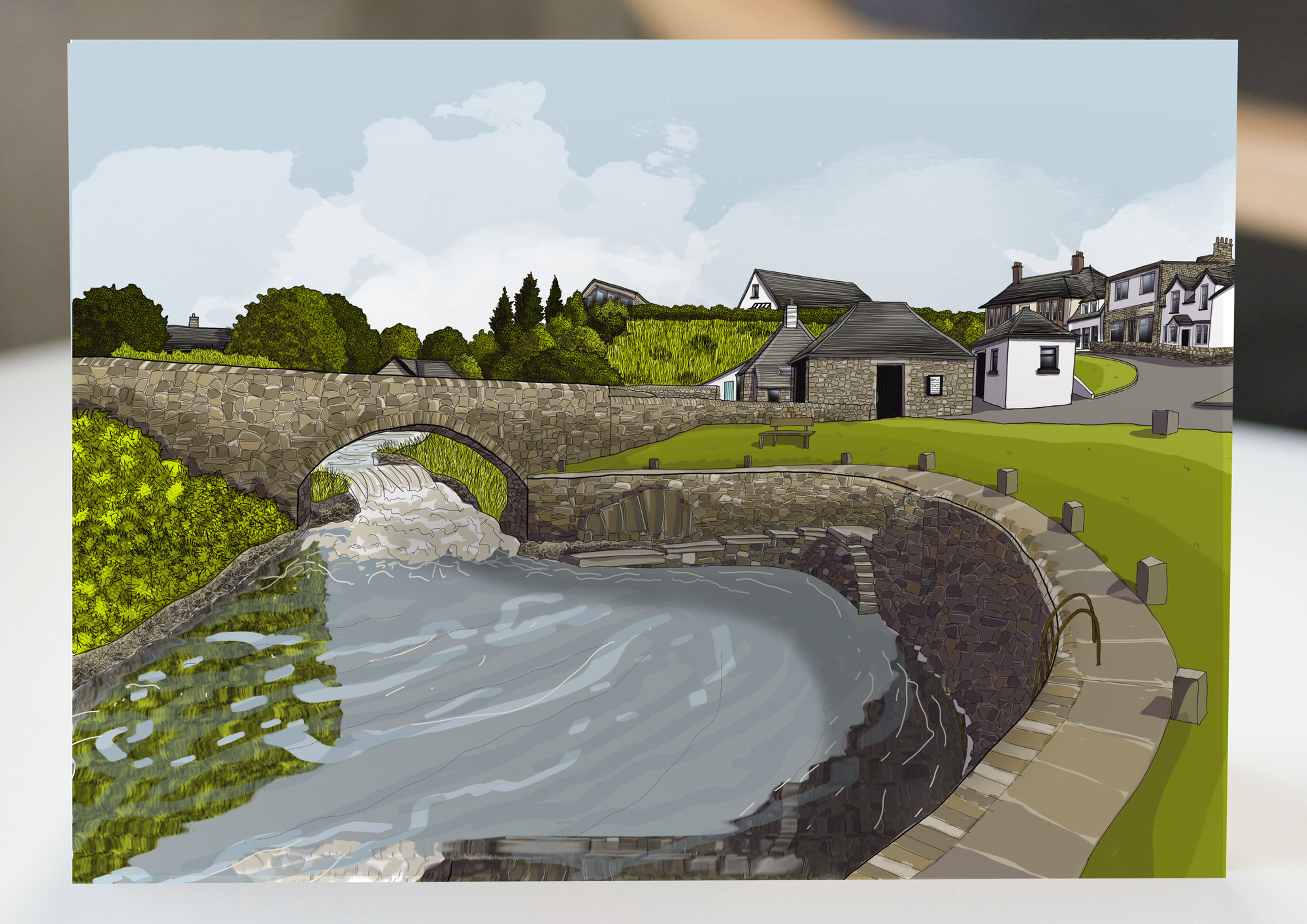 Illustrated greetigs card of blackwaterfoot on arran