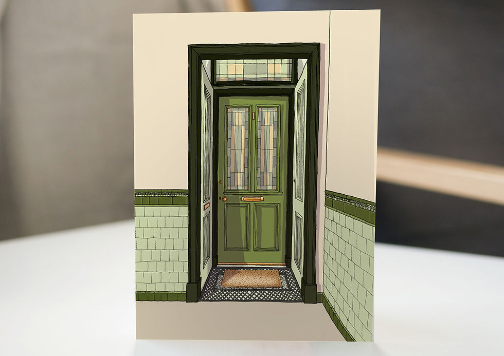 GREETINGS CARD SHOWING GREEN TENEMENT DOOR
