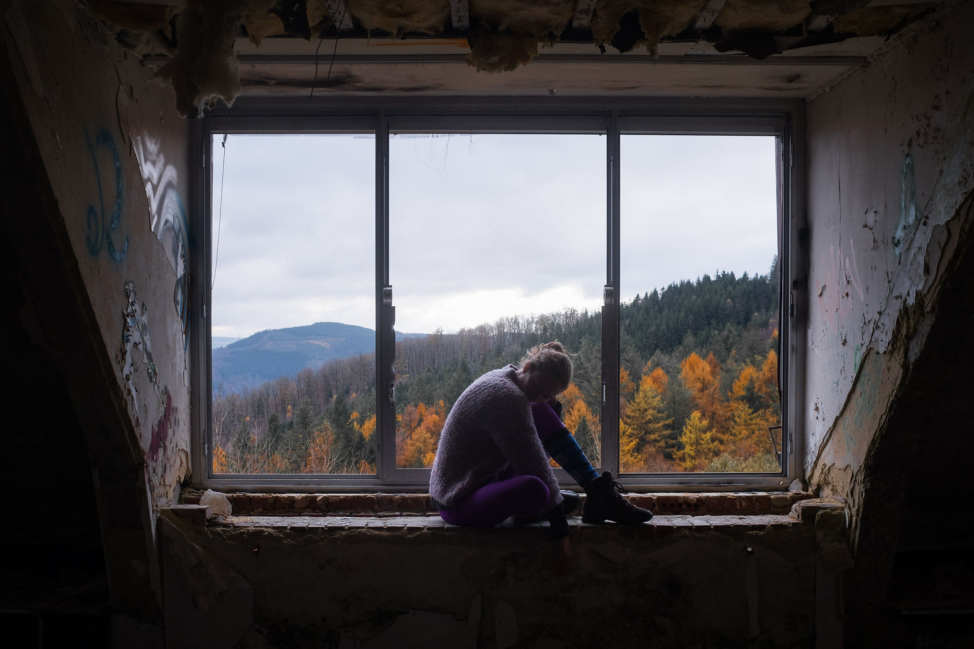 Portrait in window at the Sanatorium du Basil, Belgium. Borgoumont Sanatorium autumn urbex