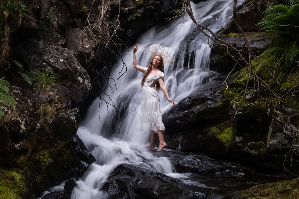 Self-portrait photoshoot at Dartmoor waterfall