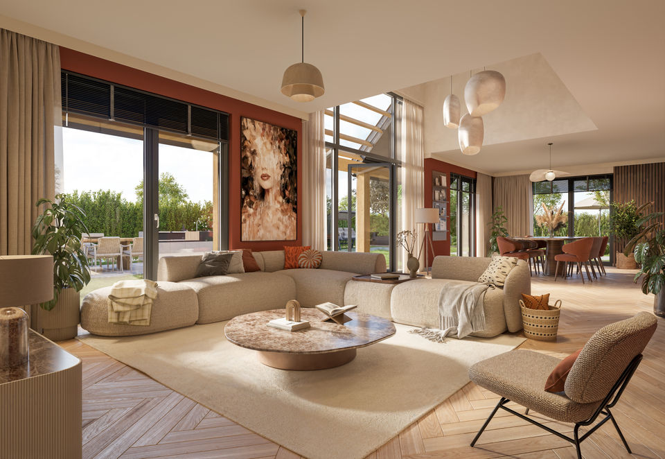 Tweekapper, semi vrijstaande villa met vide, terracotta warm interieur voor het project het prijsse achtererf