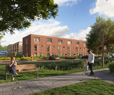 De Groene Warande fase 2, Stevast: nieuwbouw aan het water met park en wandelpad, zicht op rijwoningen.