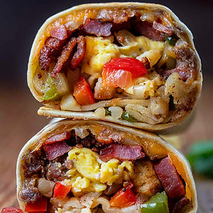 Early Bird Burrito : Two eggs, rice, sausage, cheddar cheese, and beans