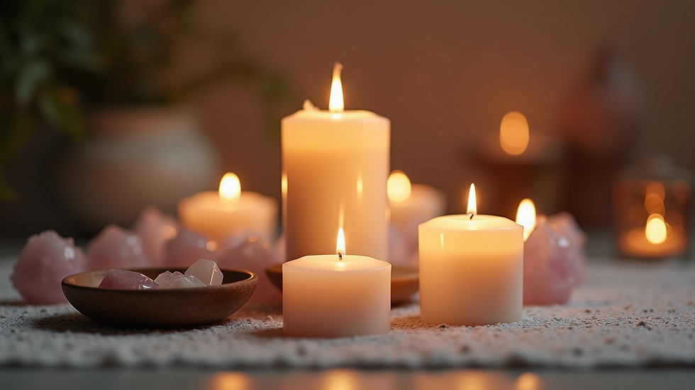 Close-up view of a peaceful meditation space with candles and crystals