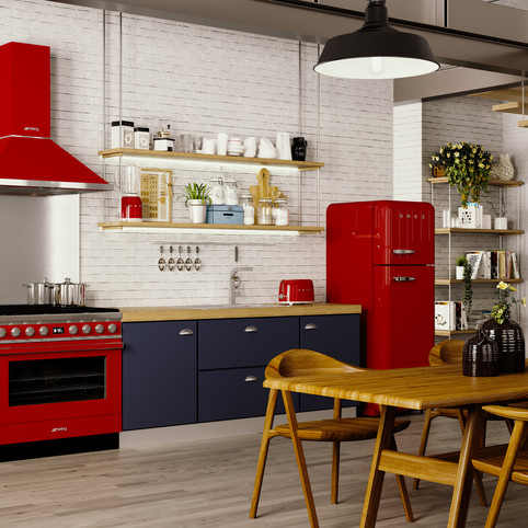 מטבח בעל עיצוב שחור מודרני עם משטח עבודה בצבע עץ בהיר, וסט מוצרי חשמל של סמג באדום מפתיע, הכוללים מקרר בסגנון רטרו, תנור משולב וקולט אדים, ואפילו מצנם סמג תואם