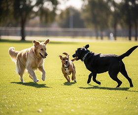 Three diverse dogs enthusiastically playing and running with a stick in a sunlit green par