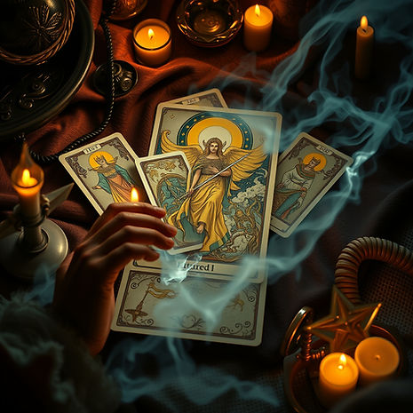 Main en train de tirer des cartes de tarot colorées sur une table avec bougies allumées et fumée. Atmosphère mystique et chaleureuse.