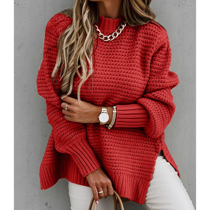 Thumbnail: Knit Sweaters Women Half High Collar Full Sleeve Thick Splice Jumpers Solid Casu