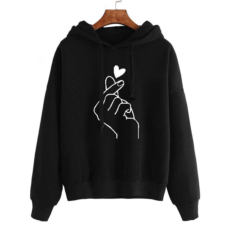 Thumbnail: Autumn Fleece Hoodie Solid Color Finger Heart Hooded Korean Fashion Sweatshirts 