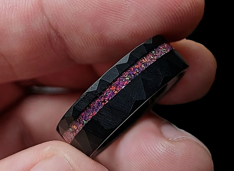 Thumbnail: LUCIUS - Hammered Tungsten Carbide X Black Fire Opal Men's Wedding Ring Band