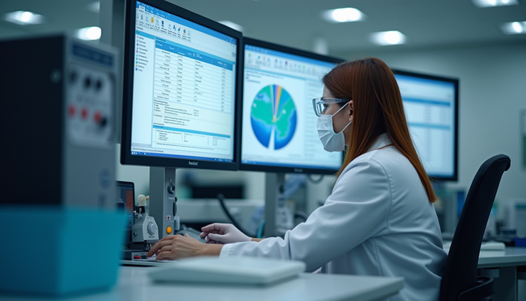 Eye-level view of a laboratory workstation with LIMS software on a computer screen and scientific instruments nearby