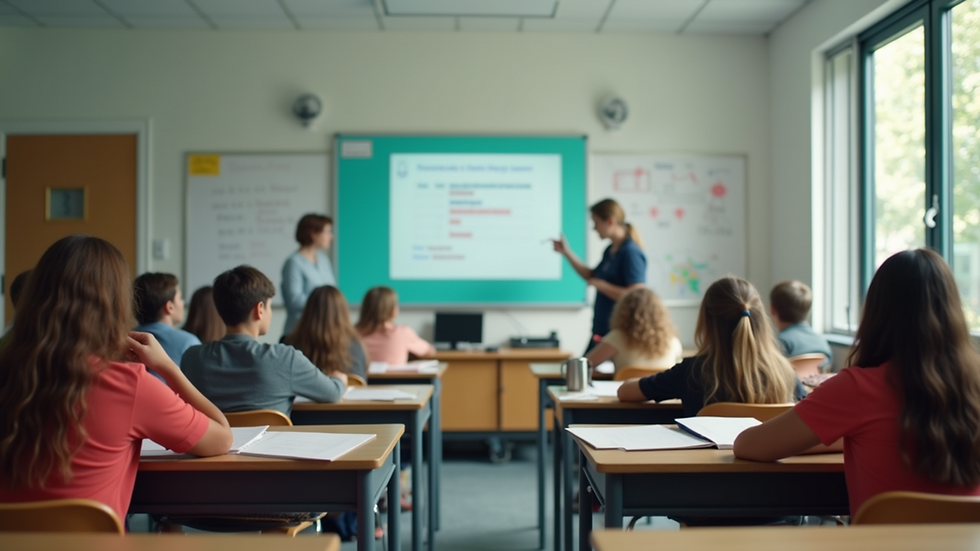 Wide angle view of a vibrant classroom filled with engaged students