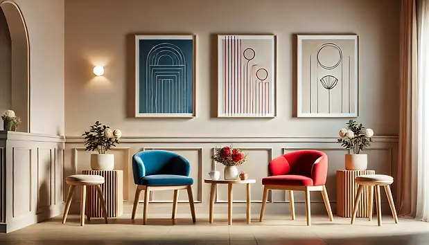 DALL·E 2025-01-16 11.51.42 - A cozy room featuring two chairs, one blue and one red, arran
