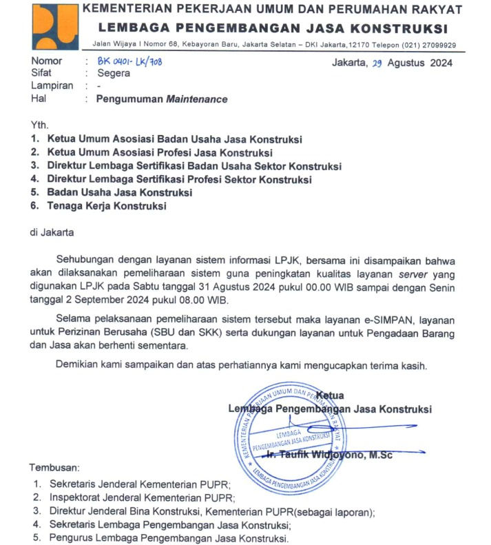 surat pemberitahuan layanan dari LPJK