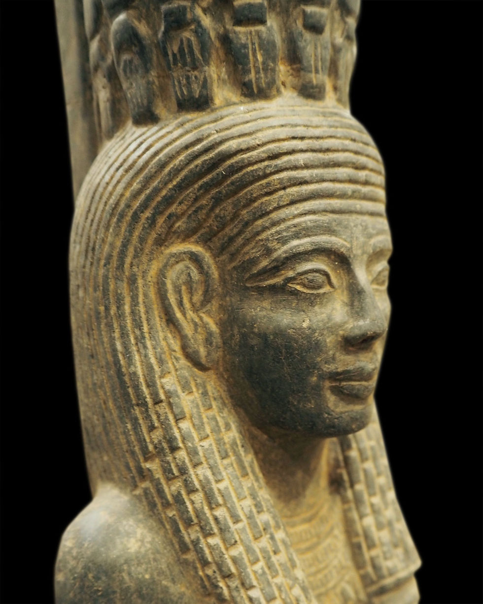 Thumbnail: Seated granite sculpture depicting the goddess Hathor