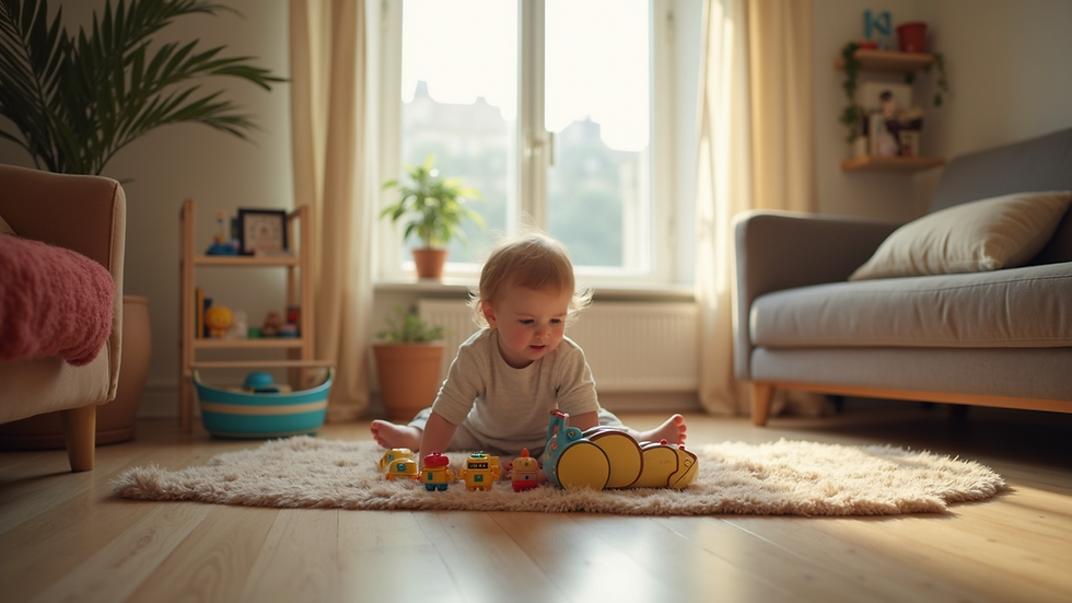 Eye-level view of a cozy living room with a child’s toys neatly arranged