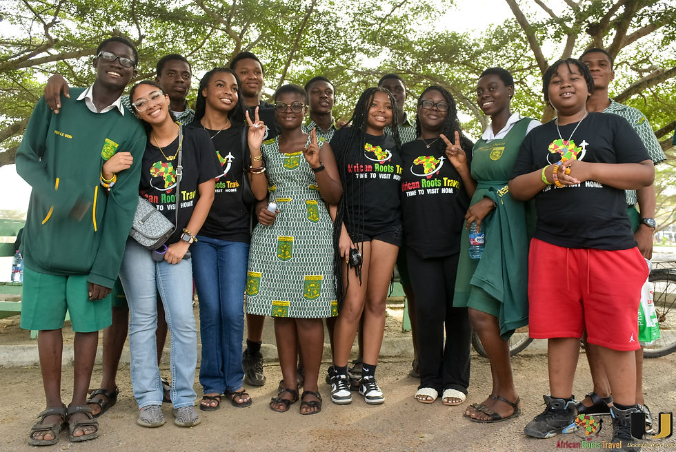 Students from the US and Ghana come together for a cultural exchange through the African Roots Travel School For a Day Program fostering international friendships and understanding.