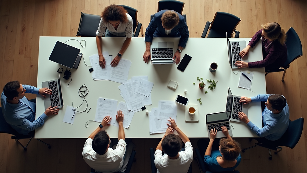 High angle view of a team collaborating around a table with laptops and notes