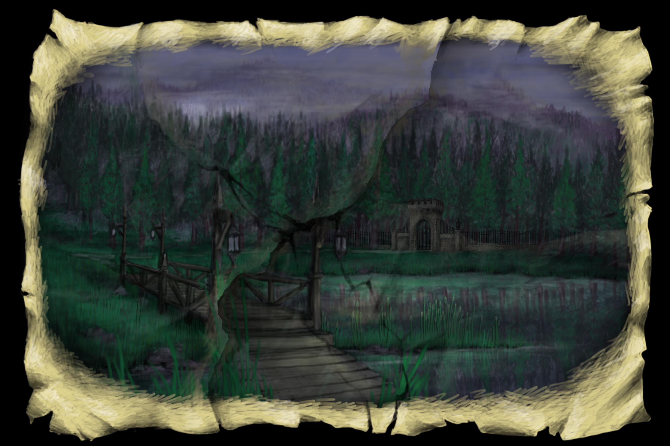 Scene 2h. Lake and Bridge, Dark