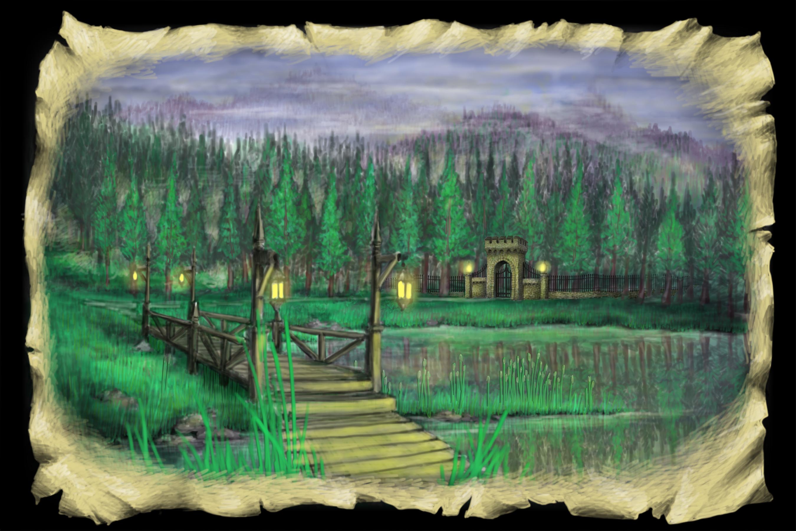 Scene 2e. Lake and Bridge, Dusk
