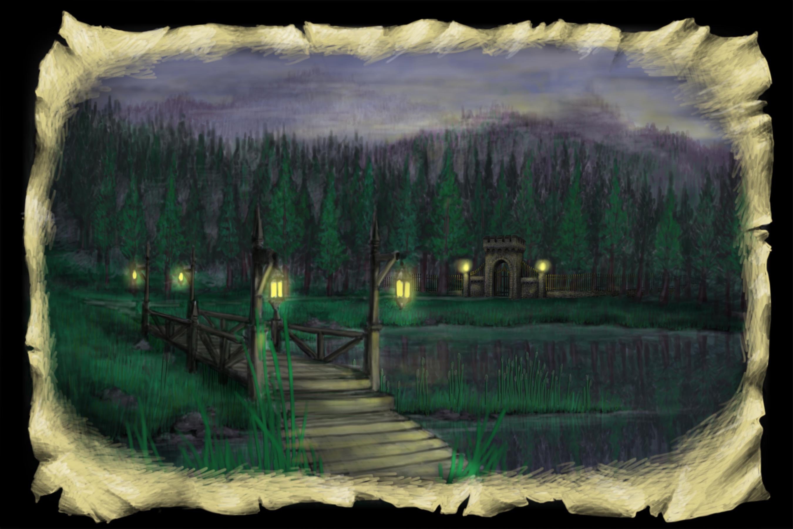 Scene 1. Lake and Bridge, Night Time