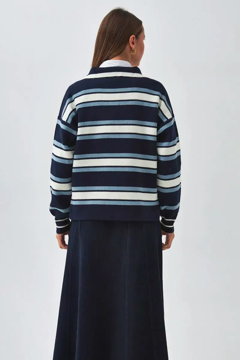Thumbnail: Striped Polo Sweater Navy Blue