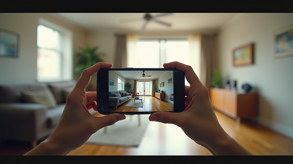 Eye-level view of a smartphone capturing a 360-degree room photo
