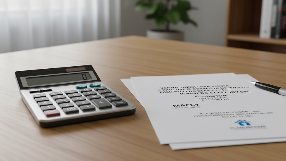Eye-level view of a calculator and contract papers on a wooden table