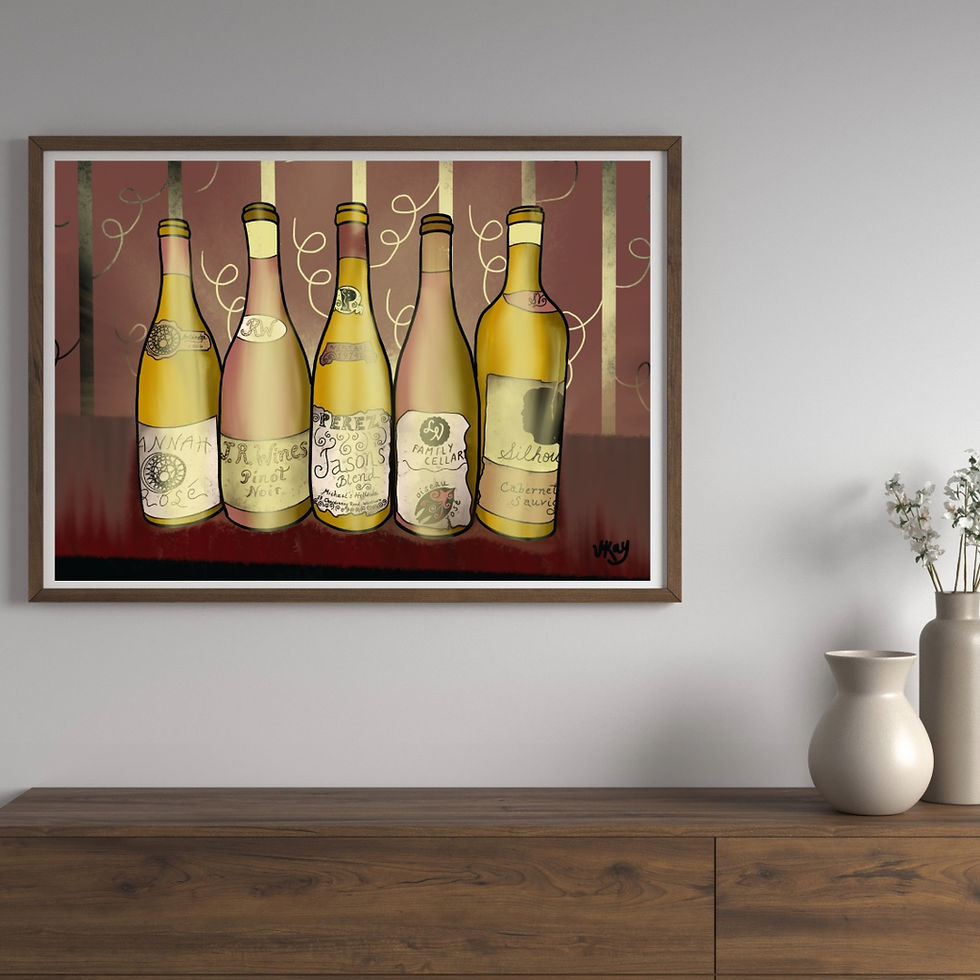 Thumbnail: Abstract Art Bright Wine Bottles Watercolor Style Brown Frame on Wall