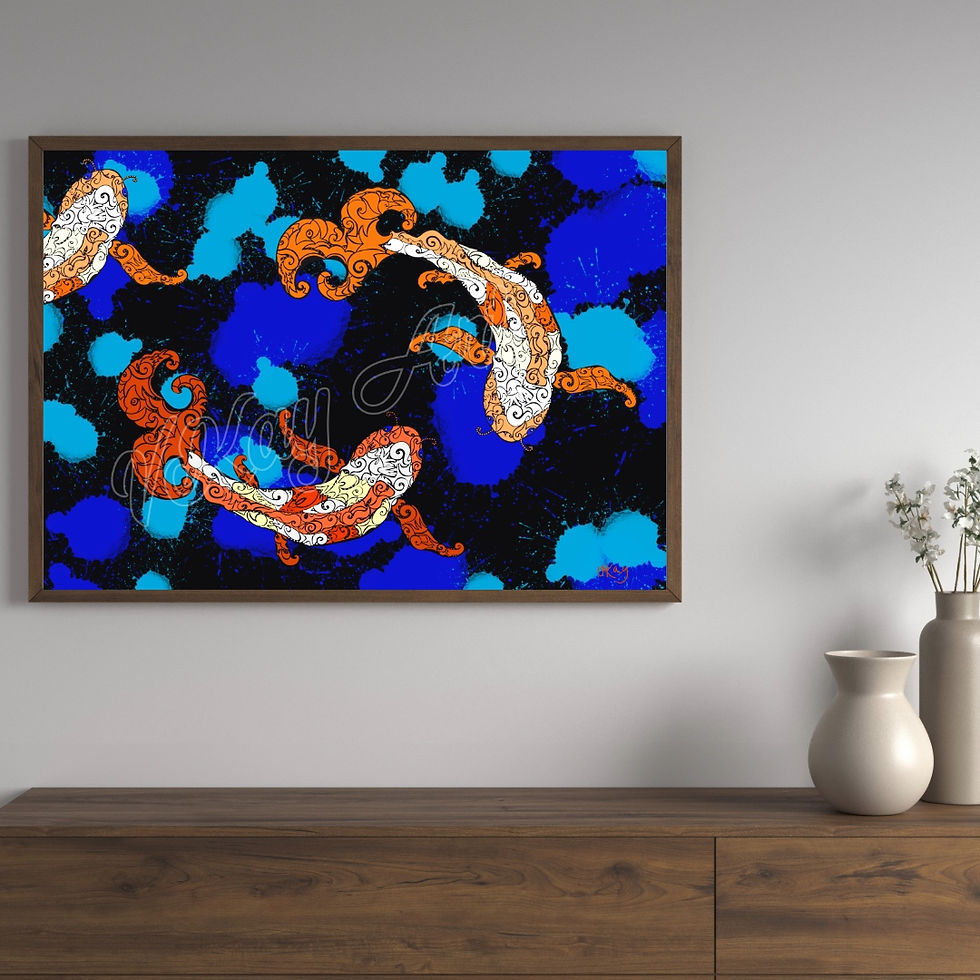 Thumbnail: Koi made of Bright Mosaic Shapes in Black Pond in Frame on Wall