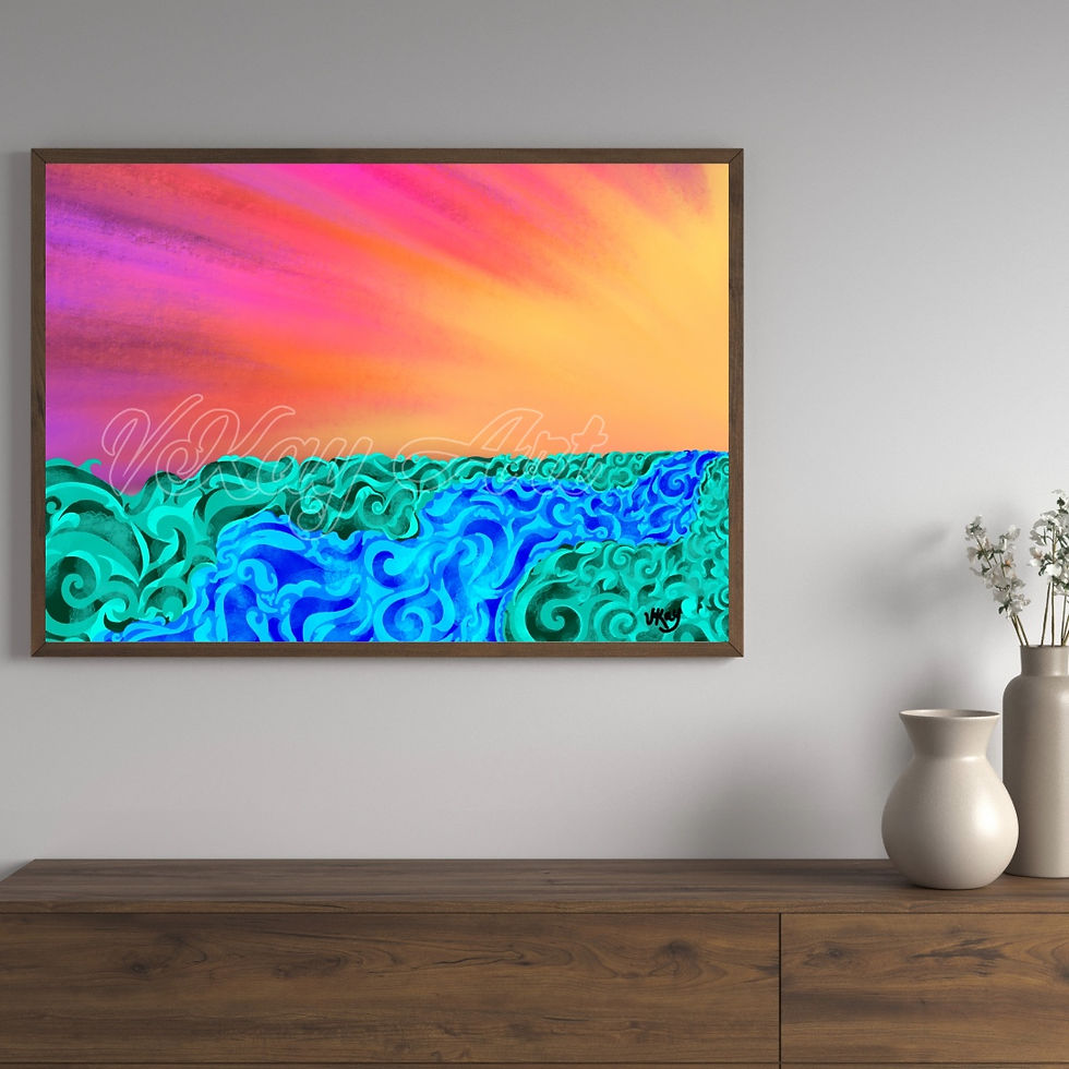 Thumbnail: Bright Abstract Ocean Watercolor Style Sunrise Brown Frame on Wall