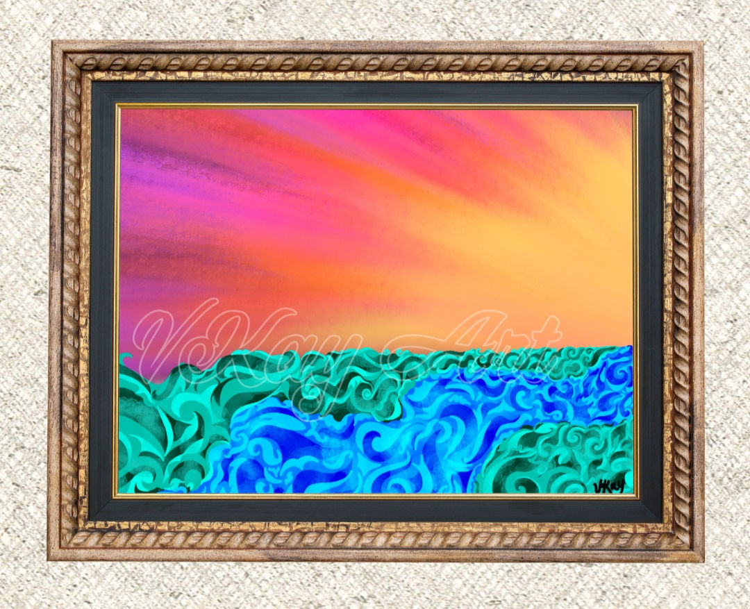 Bright Abstract Ocean Watercolor Style Sunrise Brown Frame