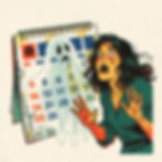 A woman scared by a ghost coming out of a calendar in comic book style.