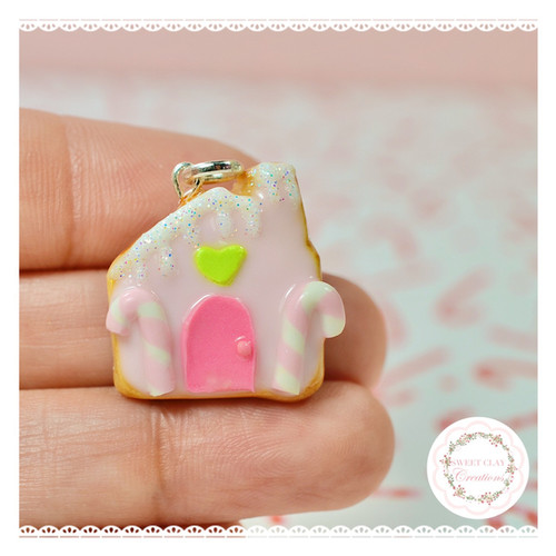 Pink Gingerbread House Cookie Charm sweet-clay-creations