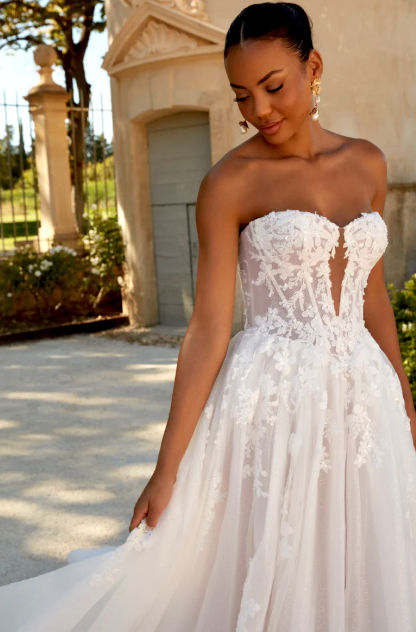 Thumbnail: low v bodice strapless lace princess wedding dress