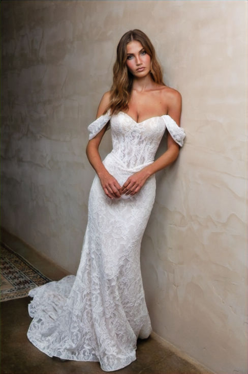 Thumbnail: Elektra MB2629 Maya Bella off shoulder lace fitted wedding dress