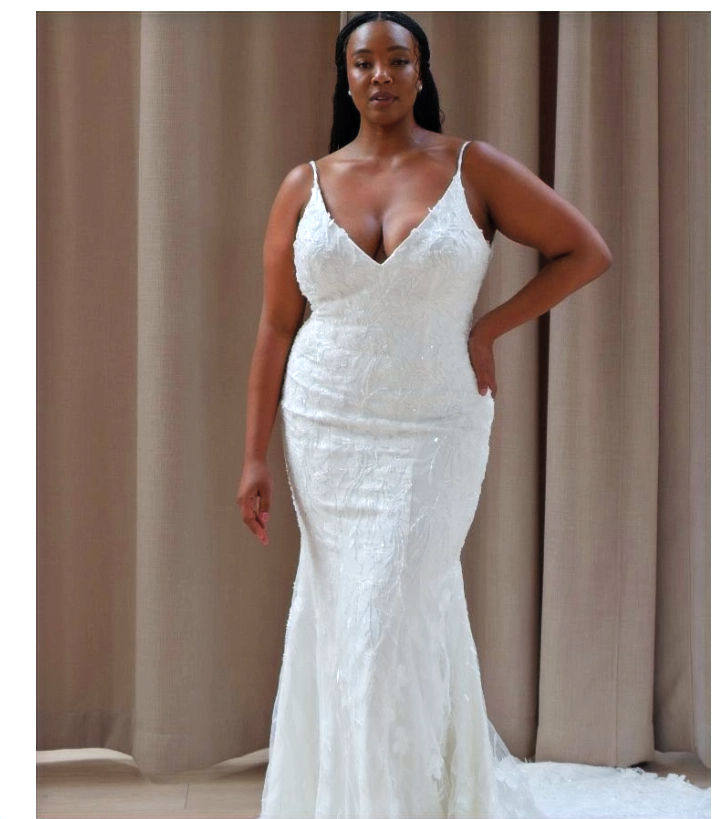 Thumbnail: Mid low v neckline on beaded fitted wedding dress