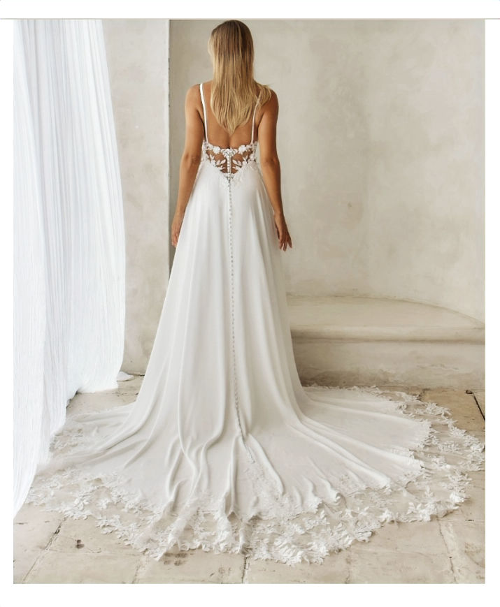 Thumbnail: Stunning illusion lace cathedral train on romantic a line wedding dress