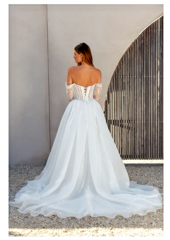 Thumbnail: lace up back on modern princess wedding dress with sleeves