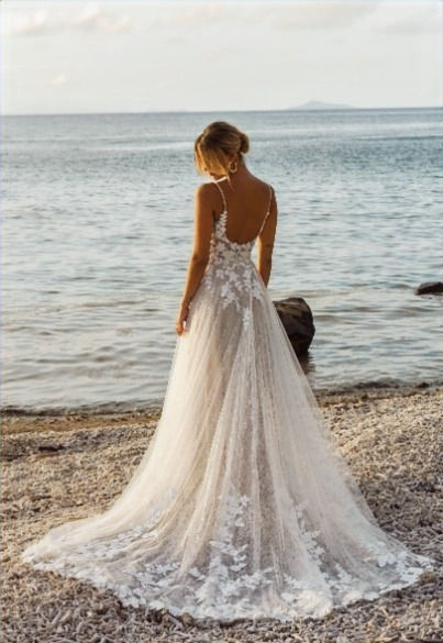 Thumbnail: Jenica - Low lace back a line skirt illusion lace bodice whimiscal details