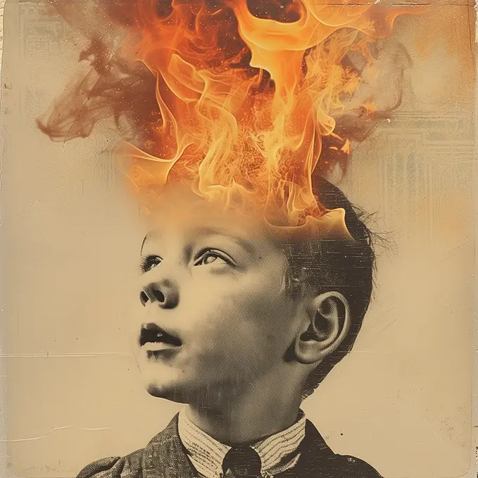 A photograph of a boy in black and white, his head on fire