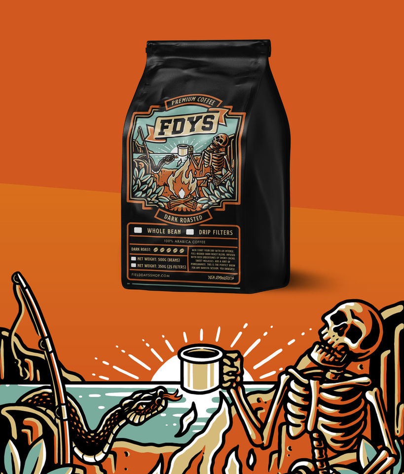 FDYS premium coffee bag packaging design with skeleton illustration by Ramskill Design Studio