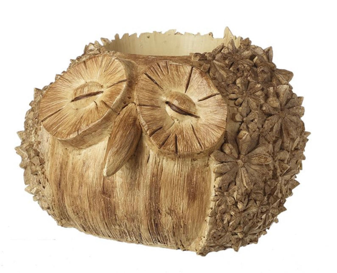 WOODEN FINISH RESIN OWL POT