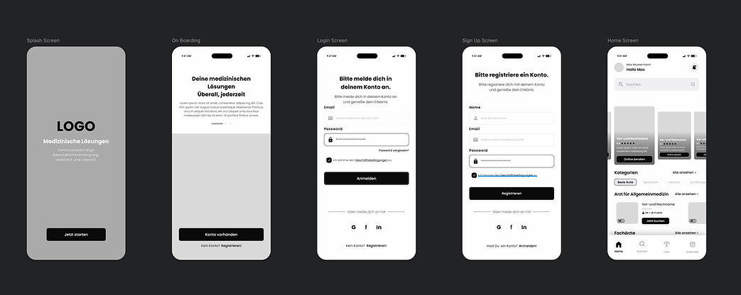 Mid-Fidelity-Wireframe der DR Live App – strukturierter Prototyp mit UI-Komponenten und Layout