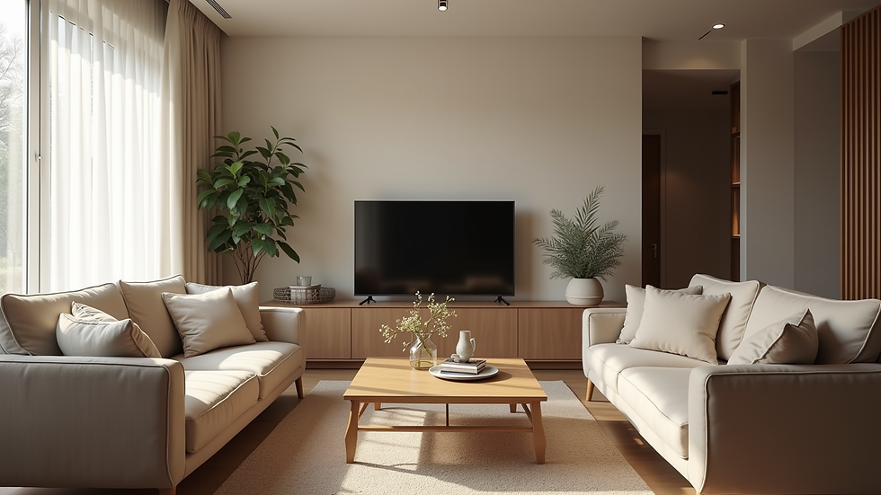 Eye-level view of a cozy living room with neatly arranged furniture