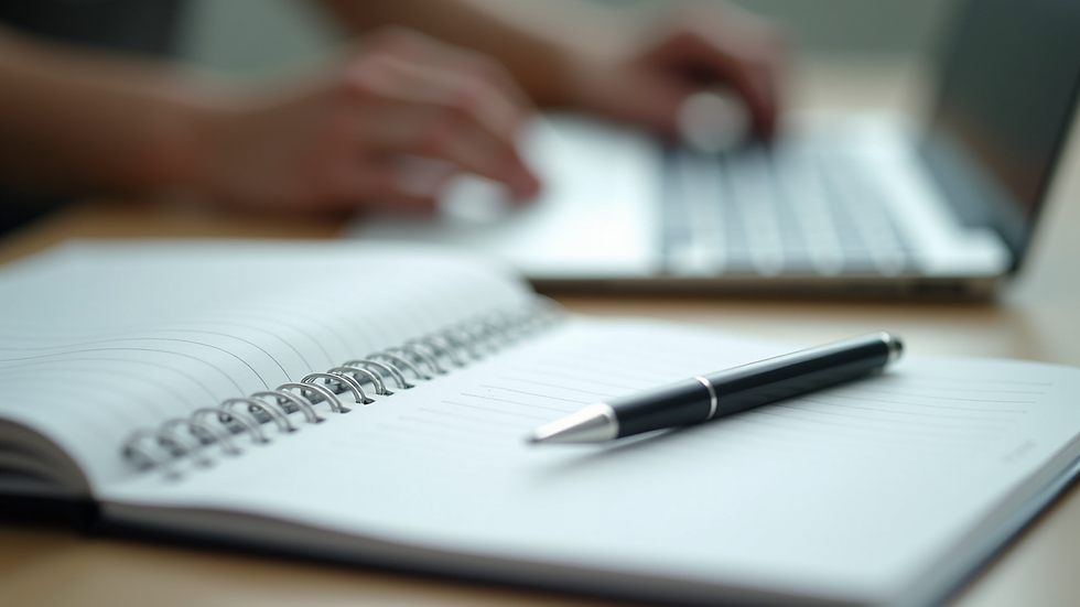 Close-up view of a notebook and pen on a therapy desk
