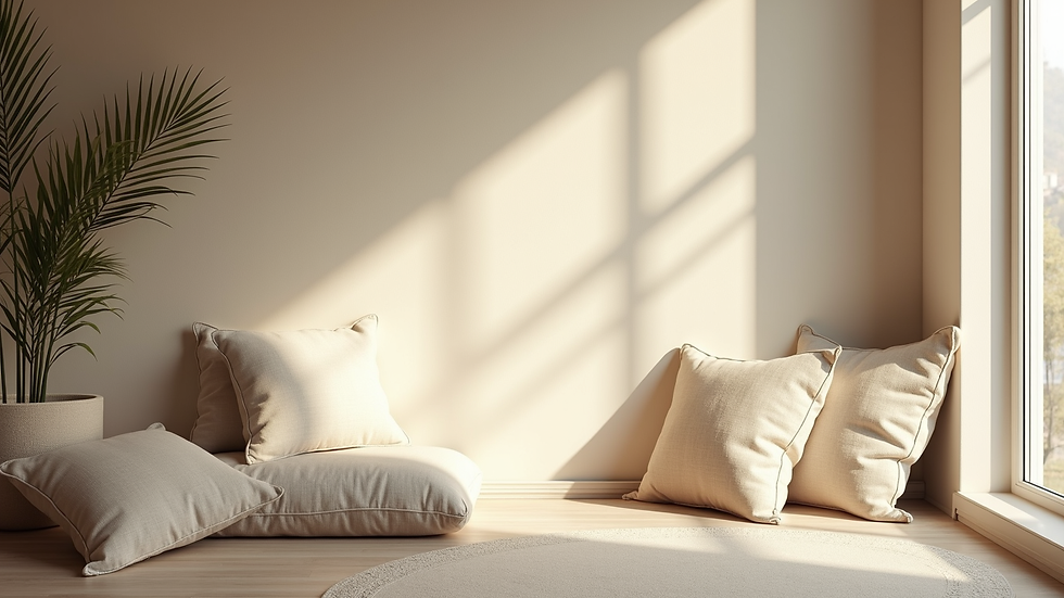 High angle view of a peaceful room with soft cushions and natural light